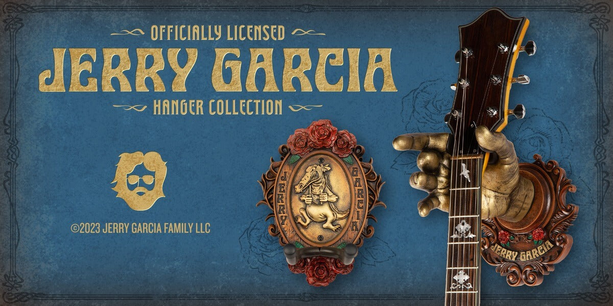  Jerry Garcia hand guitar hanger collection. Gold finish with faux wood Jerry backplates. 
