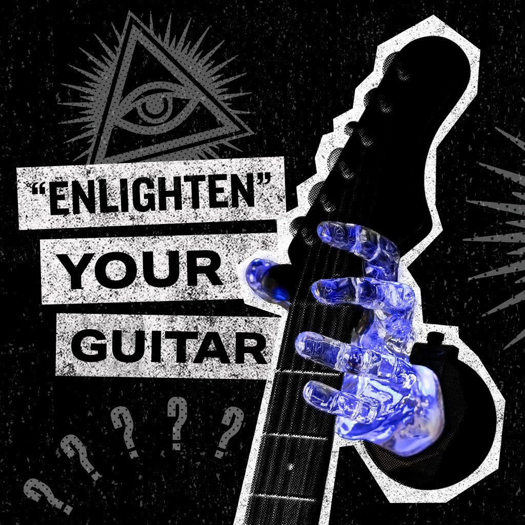 Transparent hand guitar wall mount with multicolor LED lighting on a black background.