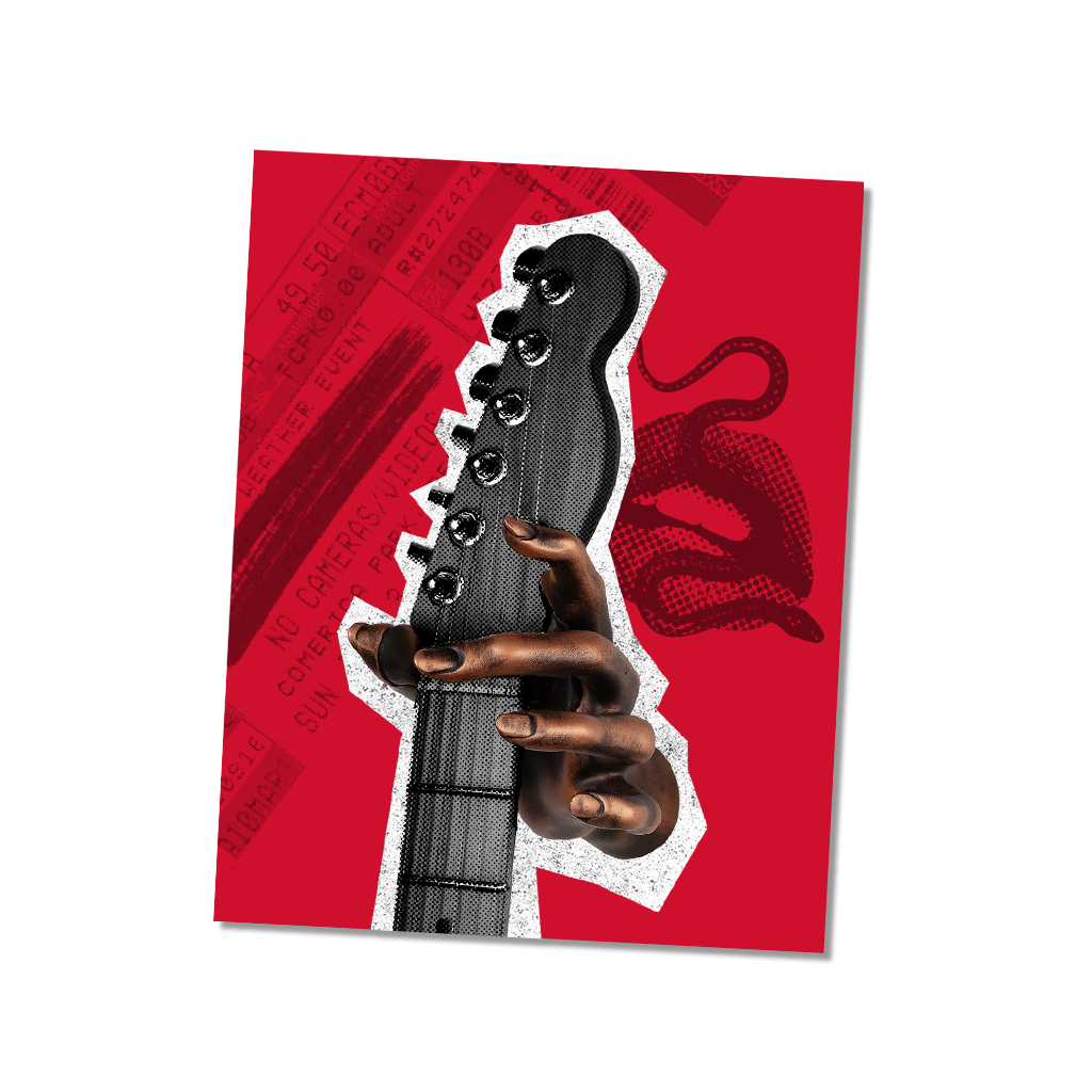 Gold hand guitar stand on red background.