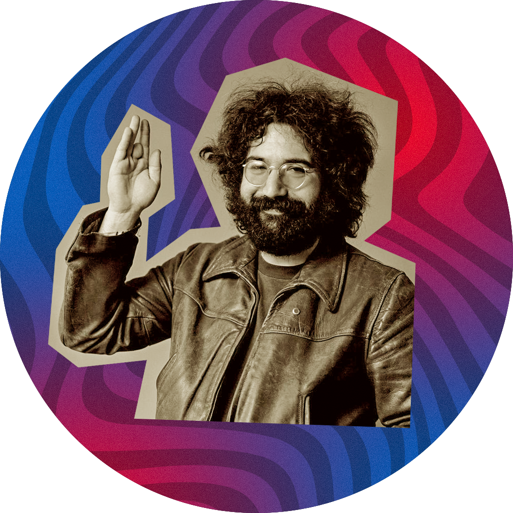 Jerry Garcia on trippy background with right hand being held up. 