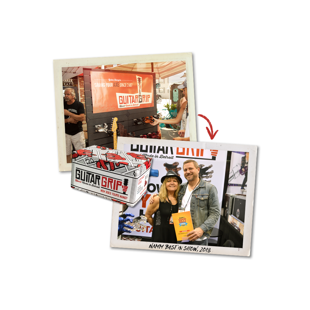 Behind the scenes at GuitarGrip. Mother and Son holding NAMM award. 