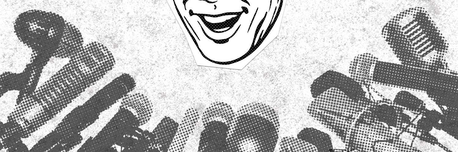 GuitarGrip media and press page banner for hand shaped guitar hangers and other wall mount designs. Black and white halftone image of microphones and cutout face talking into mics. 