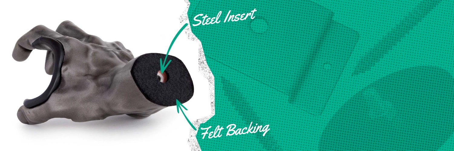 hand guitar hanger holder features rotates in the wall to adjust for different headstocks.