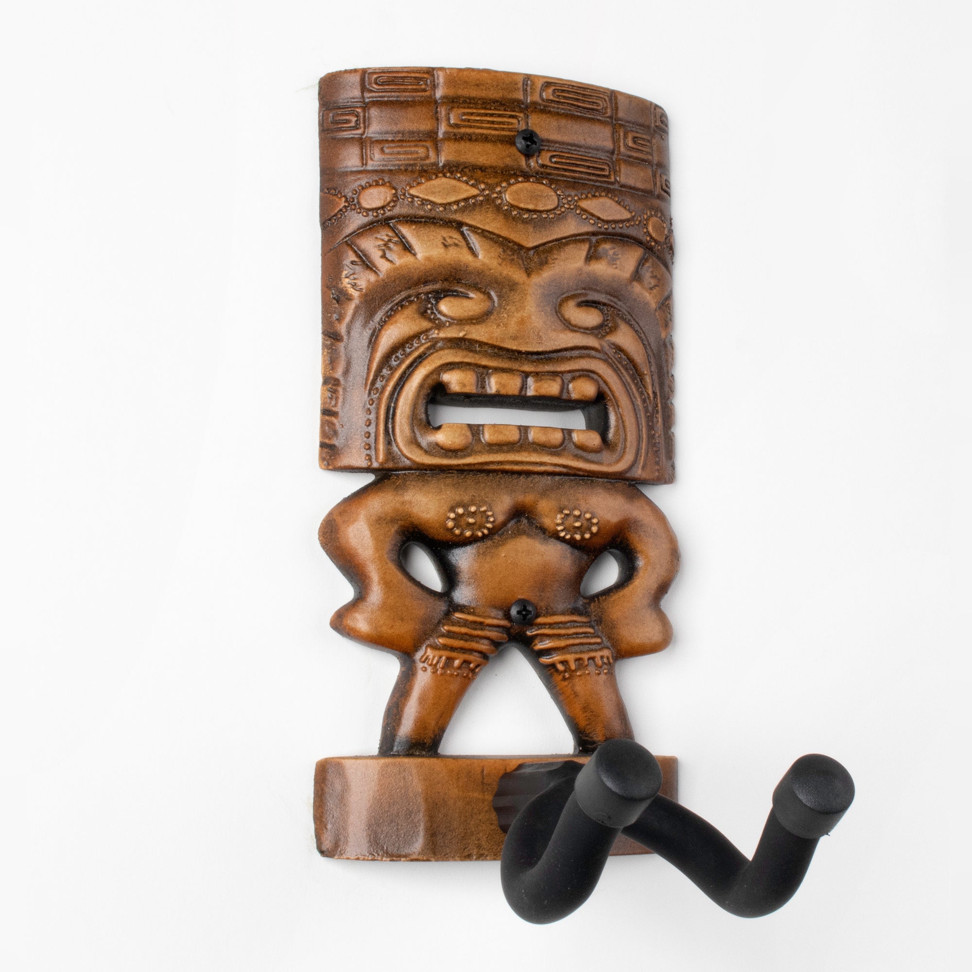 Ukulele display hook in brown and shaped like a tiki man. 