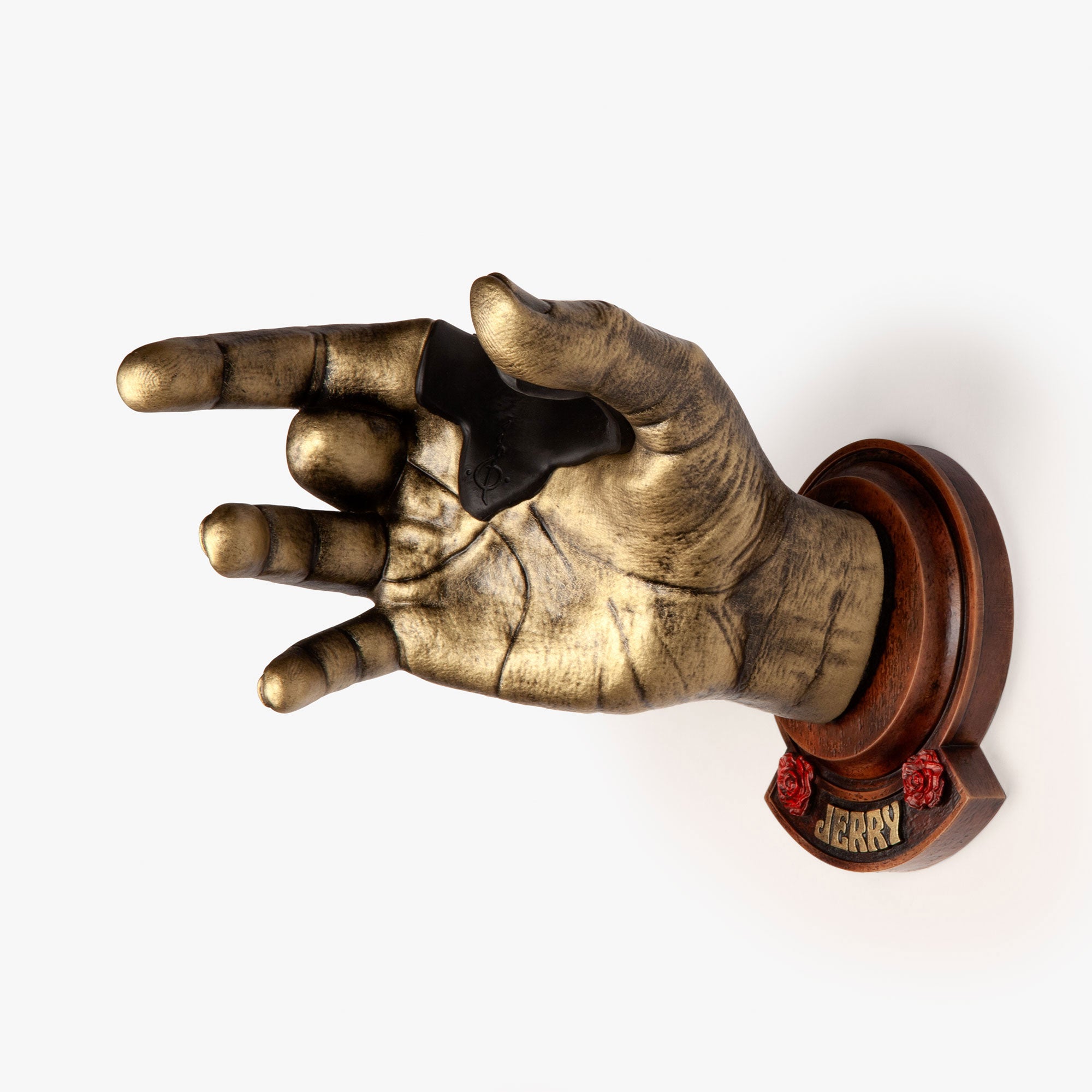 Officially Licensed Jerry Garcia hand sculpted wall mount for acoustic and electric guitars. In gold antiqued finish with wood backplate and rose inlay. Jerry engraved on plate. 