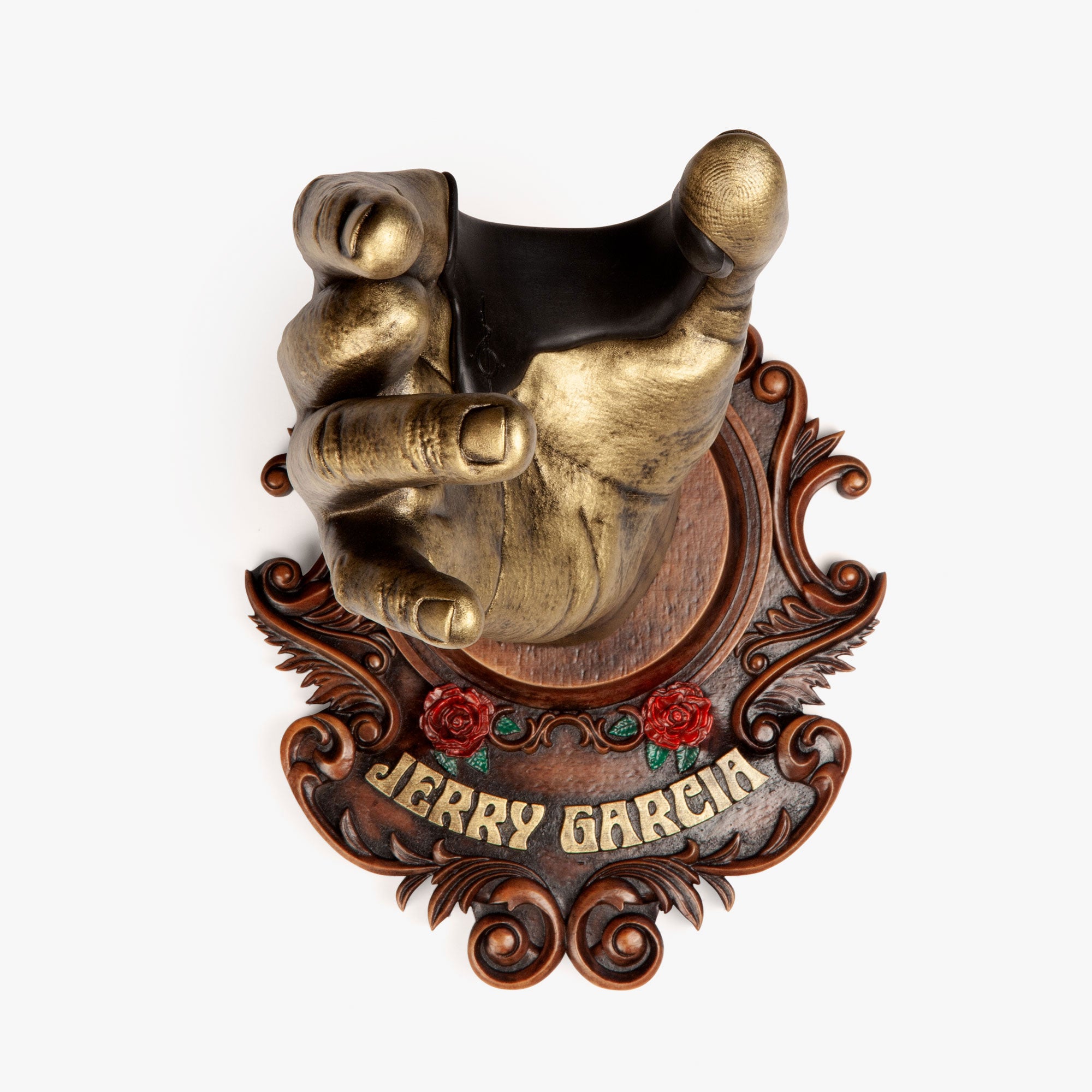 Jerry Garcia plaque with wood finish and gold right hand missing middle finger. 