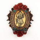 Jerry Garcia Rosebud Logo wall hanger engraved on gold center piece with wood outlined frame. Rose pedals on top and bottom painted red with Jerry's name carved on each side. 