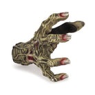 Front hand zombie guitar wall mount. Green color with white nails. Front view.